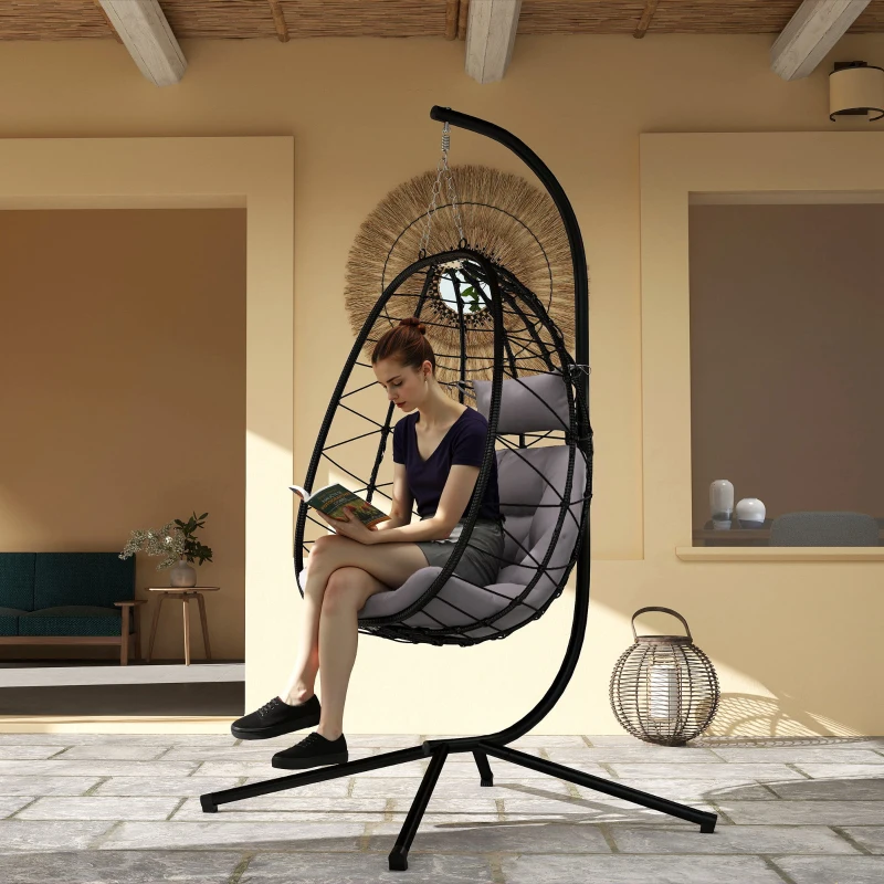 Outsunny Hanging Egg Chair Outdoor Indoor Garden Swing Chair with Folding Basket, Thickened Cushion, Garden Hanging Chair with Stand, Headrest for Patio, Balcony, Grey