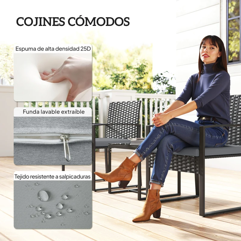 Outsunny Conjunto de Muebles de Jardín de Ratán Sintético con 2 Sillas con Cojines Extraíbles y Mesa con Tablero de Vidrio Gris