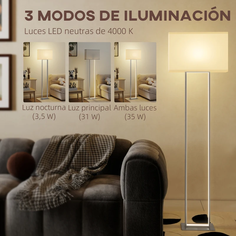HOMCOM Lámpara de Pie para Salón 150 cm con Pantalla de Tela Luz Nocturna Interruptor de Pie y Base Metálico Blanco