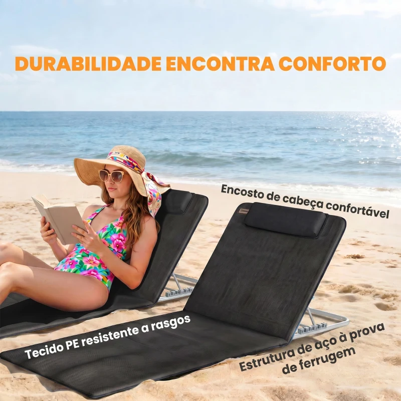 Outsunny Conjunto de 2 Esteiras de Praia com Encosto Reclinável em 5 Níveis Bolsa de Transporte e Apoio de Cabeça 48x134x33-43 cm Preto
