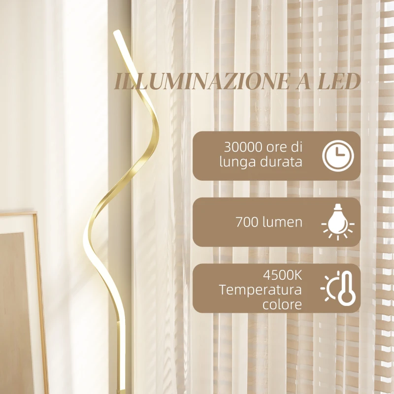 HOMCOM Lampada da Terra LED a Spirale con 3 Luminosità Regolabili e Interruttore a Pedale, Oro