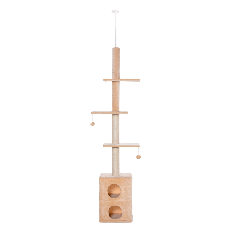 PawHut Tiragraffi a Soffitto Multilivello 220-245cm Palestra per Gatti con Cucce, Piattaforme e Corde in Juta, Giallo