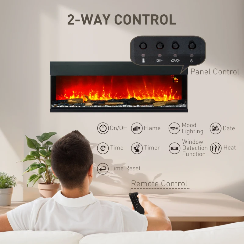 HOMCOM 1800W 15-40℃ Adjustable Flame Glass Panel Convector Heater, 152cm