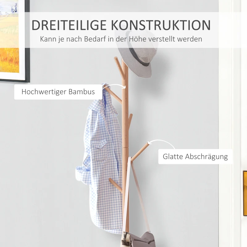 HOMCOM Garderobenständer Kleiderhaken Garderobe mit Sitzbank Stauraum Baum-Design Zweige 6 Haken Bambus Weiß Natur 40 x 30 x 180 cm