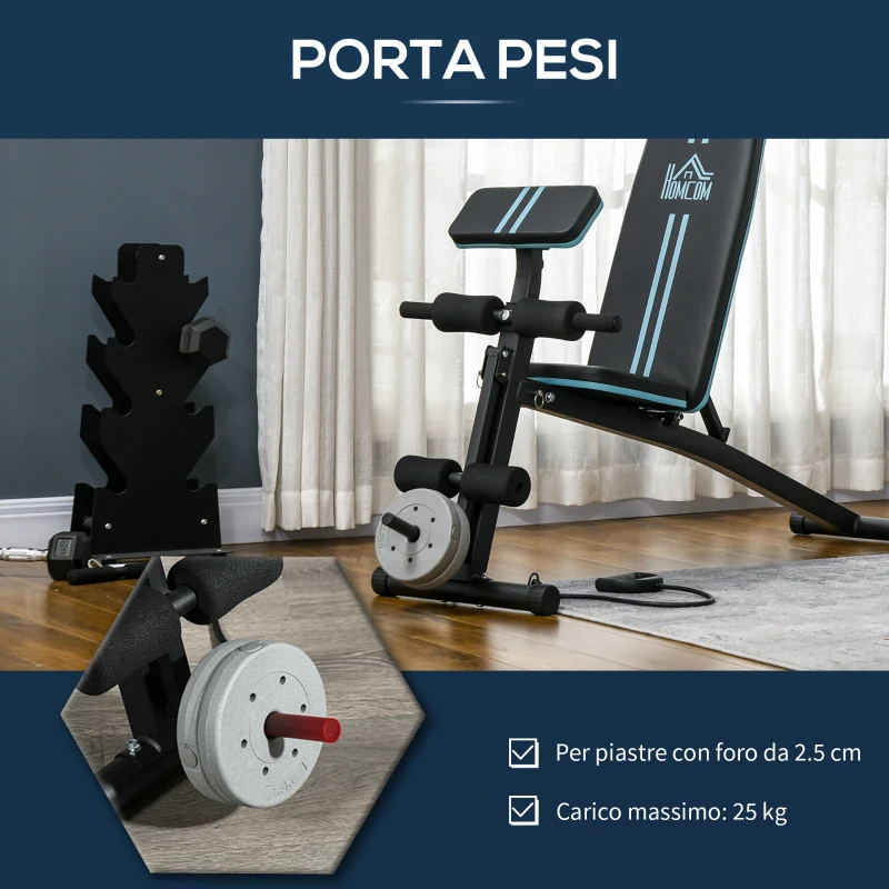 HOMCOM Panca Multifunzione Pieghevole con Schienale Regolabile a 7 Livelli, Leg Extension, Cuscinetto ed Elastici, Blu