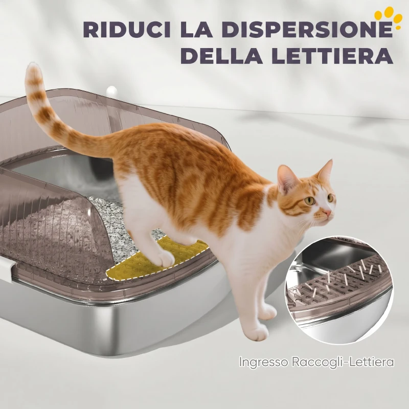PawHut Lettiera per Gatti Extra Large con Vassoio in Acciaio Inox, Paletta, Bordi Alti, Fino a 15 kg, Grigio Carbone