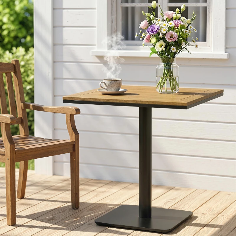 Outsunny Bijzettafel 70 x 70 cm weerbestendig tuintafel met houtlook brede basis, vierkant natuurhout