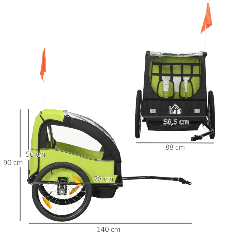 HOMCOM Reboque de Bicicleta para Crianças de 2 Lugares com Cinto de Segurança e Sistema de Amortecimento 140x88x90 cm Verde