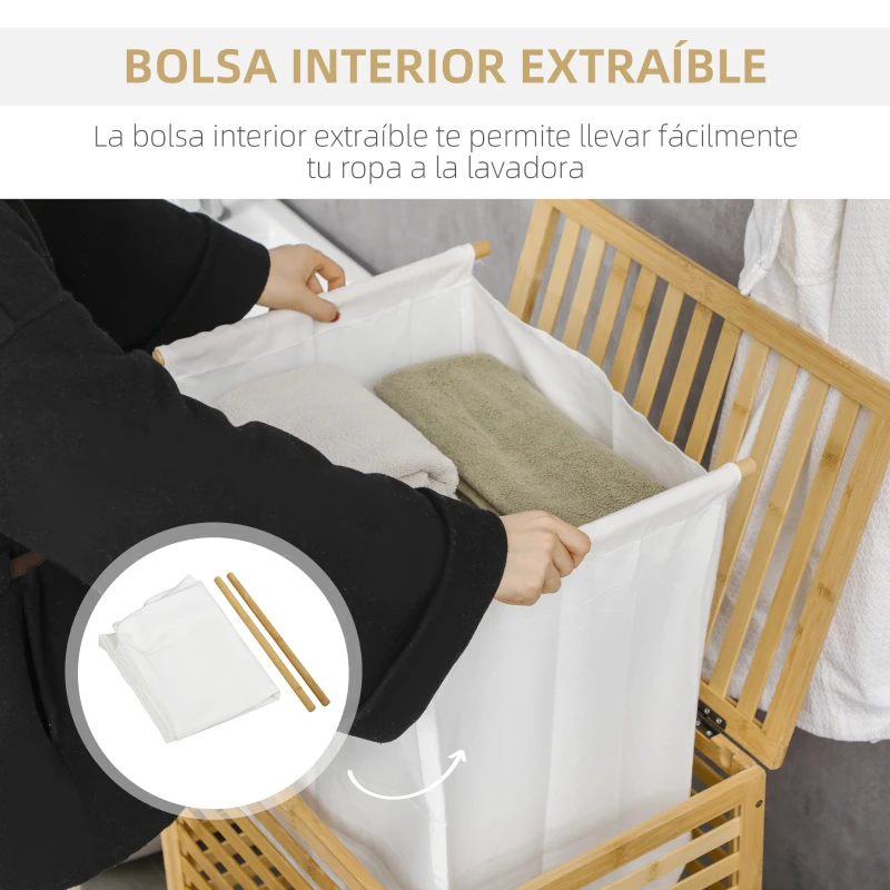 HOMCOM Cesta para la Colada de Bambú Capacidad de 55L Cesto para Ropa Sucia con 2 Asas y Bolsa Extraíble 50x36x60 cm Natural