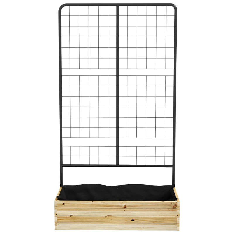 Outsunny Houten verhoogde plantenbak met klimrek, voering van vliesstof, natuurlijk hout, staal, 80x38x145 cm, zwart