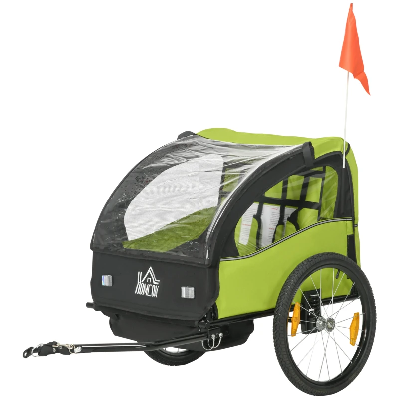 HOMCOM Reboque de Bicicleta para Crianças de 2 Lugares com Cinto de Segurança e Sistema de Amortecimento 140x88x90 cm Verde