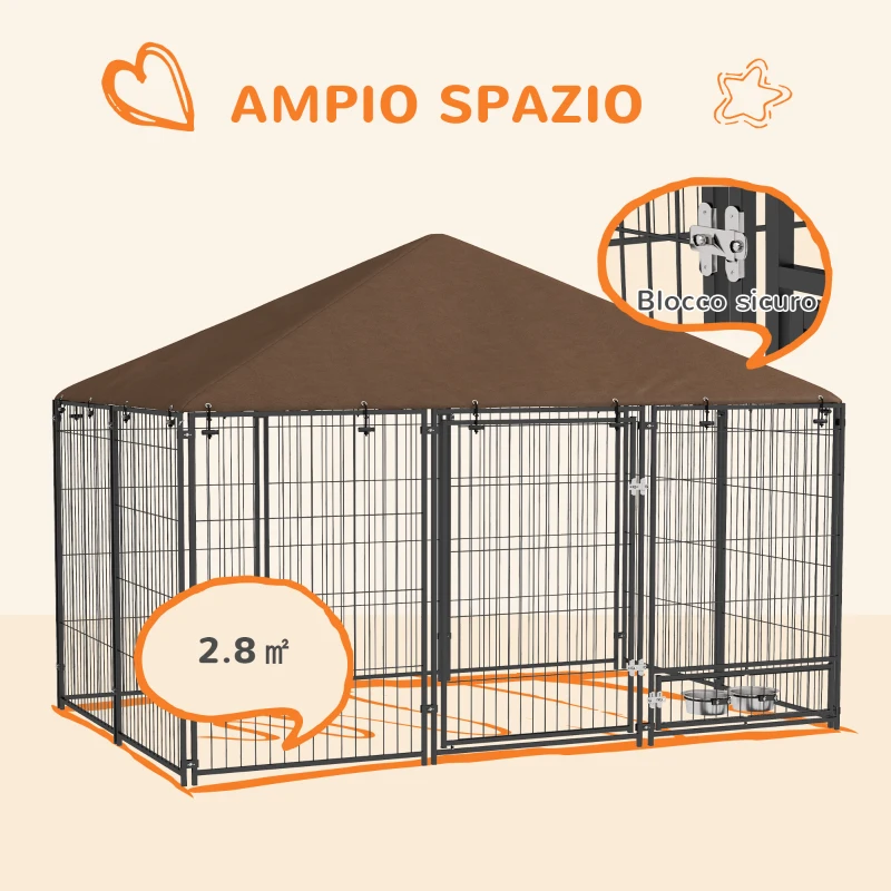 PawHut Recinto per Cani in Metallo e Tessuto Oxford con Porticina per Ciotole, 211x141x151 cm, Nero e Marrone