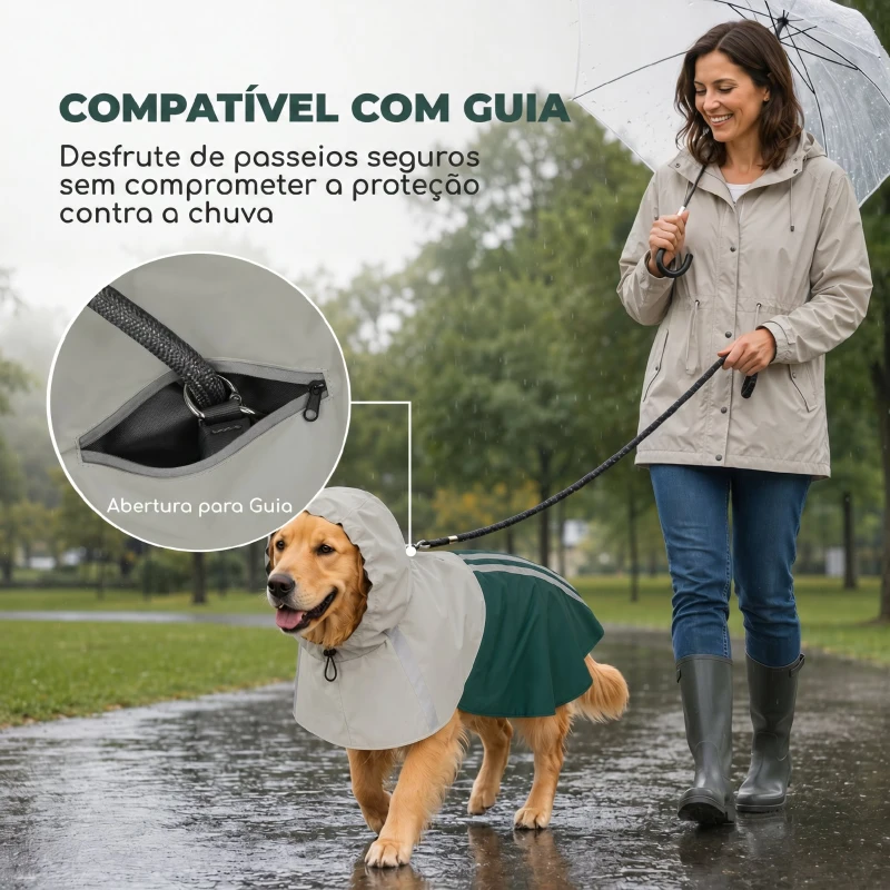 PawHut Impermeável para Cães com Capuz Verde L com Bandas Refletoras e Abertura para Trela Cães Grandes 20–30 kg, Verde
