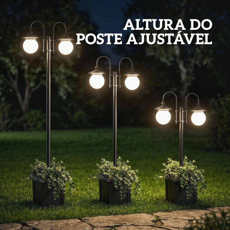 Outsunny Candeeiro Solar de Exterior com Vaso 2 Cabeçais Impermeável IP44 Ligação Automática Altura Ajustável