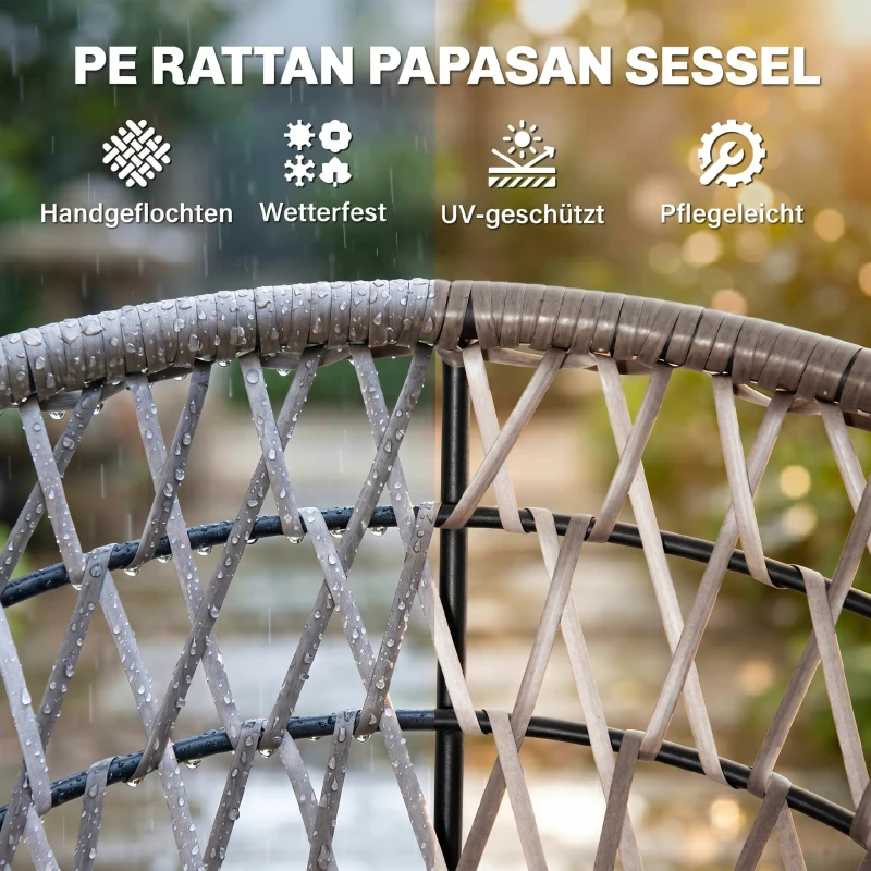 Outsunny Papasansessel, Korbsessel, Sitzkissen, Kunstrattan, drehbar, Metallrahmen, 87 x 97 x 86 cm, Beige