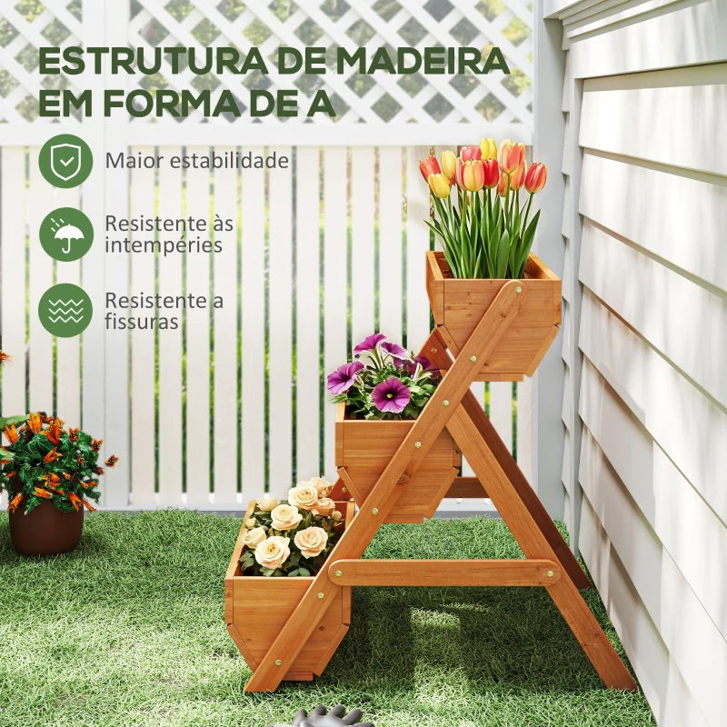Outsunny Floreira de Madeira de 3 Níveis Floreira Elevada de Exterior com Orifícios de Drenagem 65x75x76 cm Castanho