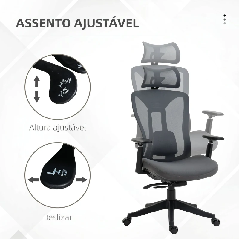 Vinsetto Cadeira de Escritório em Malha com Apoio de Cabeça Ajustável, Apoio Lombar e Apoios de Braços 3D, 70x66x128 cm, Cinzento