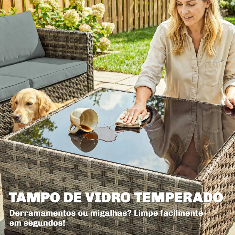 Outsunny Conjunto de Jardim em Vime de 5 Peças Inclui Almofadas 2 Poltronas de Canto Poltrona sem Braços Apoia-Pés e Mesa de Centro Cinza Claro
