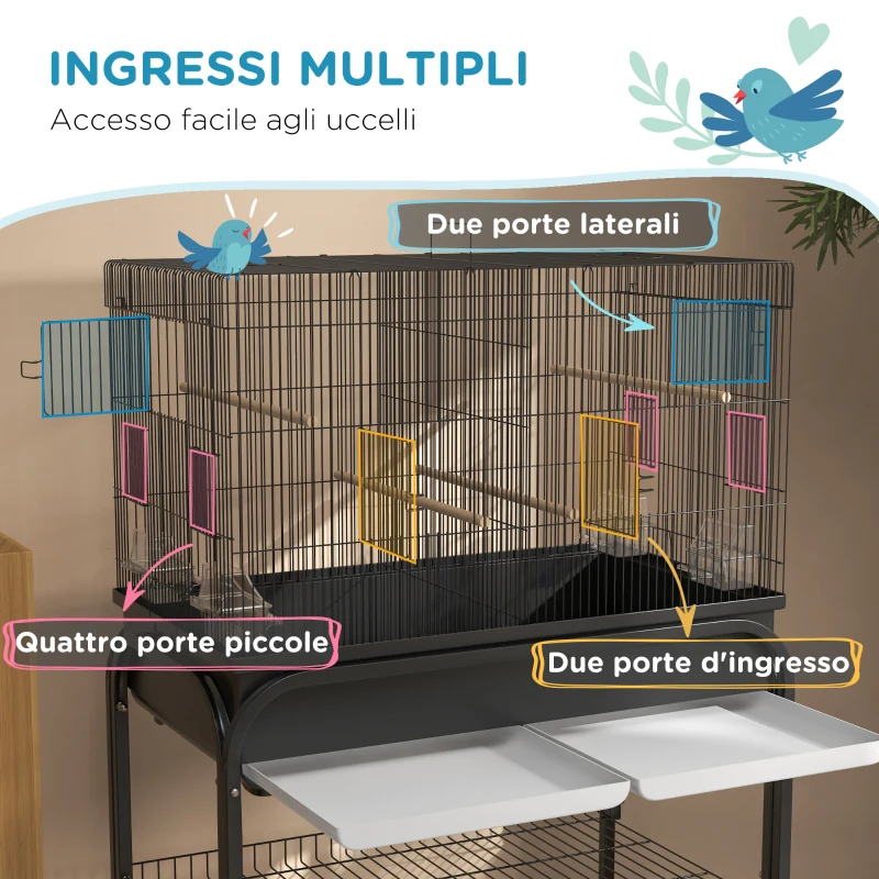 PawHut Gabbia per Uccelli da Interno con Vassoio, Ripiano e Ruote con Freno, 85x49x119 cm, Nero