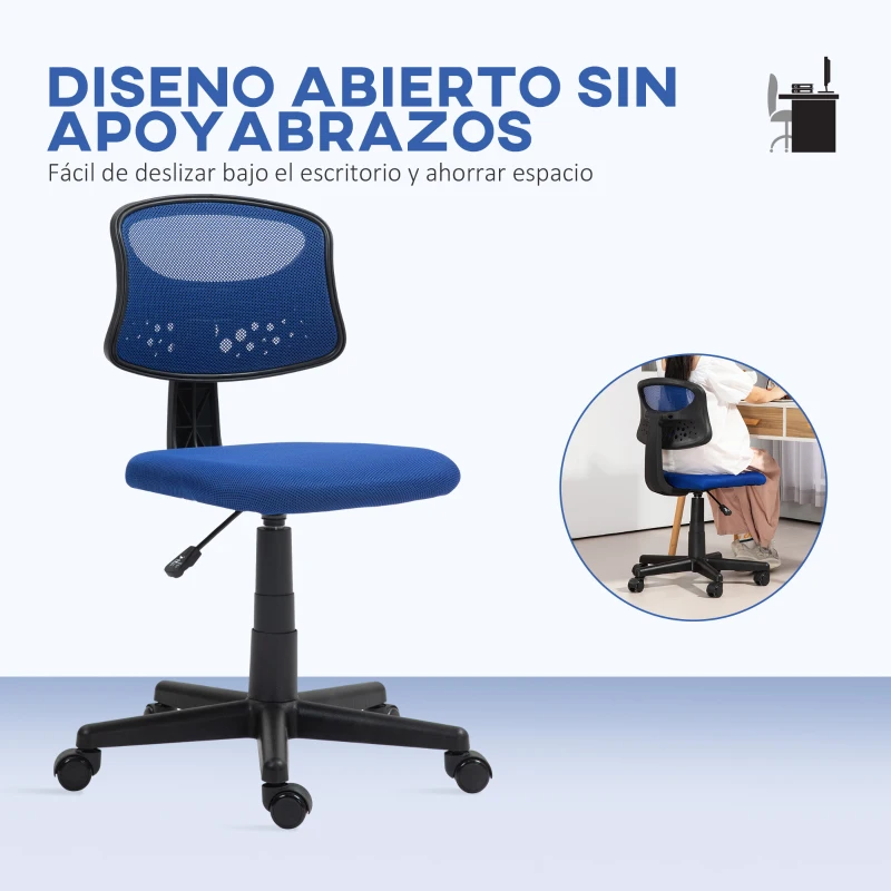 HOMCOM Silla de Oficina sin Brazos Silla de Escritorio Giratoria con Respaldo de Malla Transpirable Altura Ajustable Azul