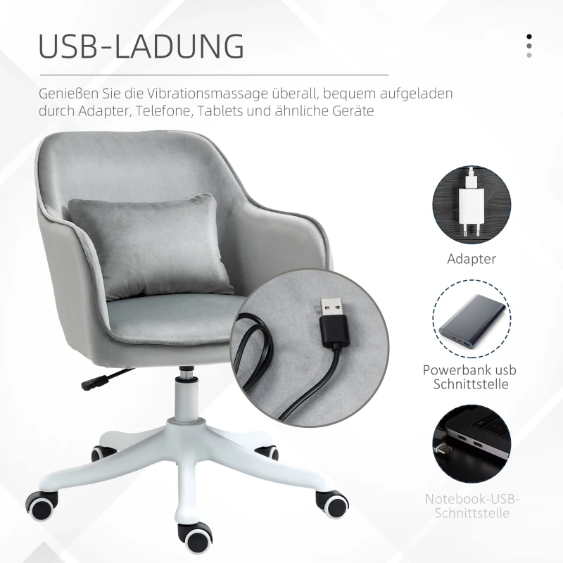 Vinsetto massage bureaustoel kantoorstoel computerstoel draaistoel werkstoel met trilfunctie armsteunen in hoogte verstelbaar fluweel grijs 55 x 65 x 79-89 cm