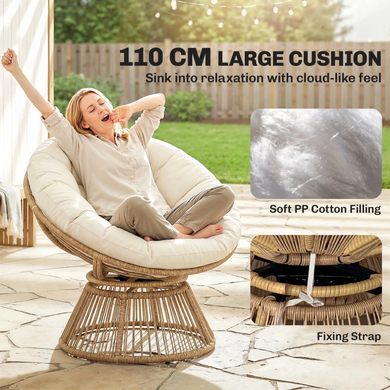 Outsunny Papasansessel 360° drehbar Korbsessel mit Kissen Stahlrahmen runder Rattansessel Loungesessel Cremeweiß
