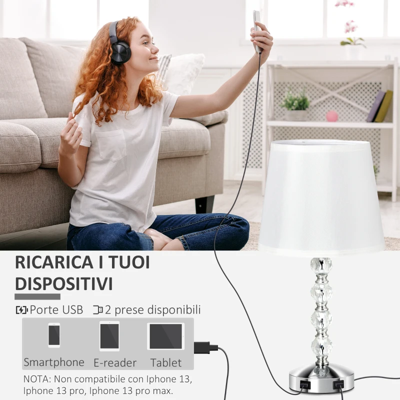 HOMCOM Lampada da Tavolo con Cristalli e 2 Prese USB, Interruttore Touch e Attacco E27, Ф23x45cm, Bianco e Argento