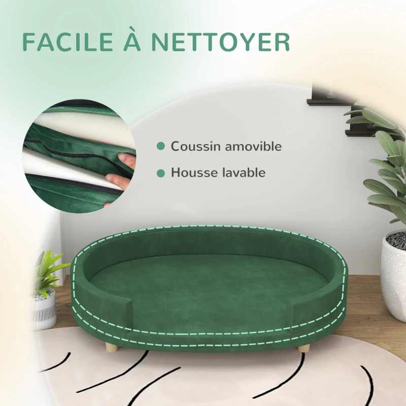 PawHut Canapé pour chien fauteuil pour chat surface en velours avec coussin amovible pieds en bois 100l x 70P x 25H cm vert