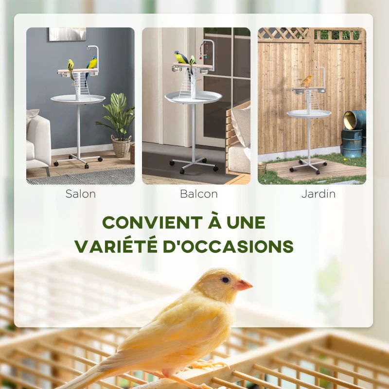 PawHut Mangeoire à oiseaux sur pied avec 4 roulettes perchoir 2 bols amovibles plateau rond acier inoxydable Ø 60 x 138H cm blanc
