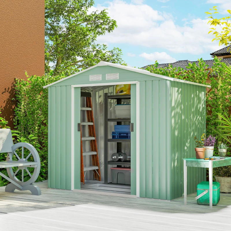 Outsunny Abrigo de Jardim 213x130x185cm Abrigo de Jardim Metálico de Exterior com 2 Portas Deslizantes e 4 Janelas Verde Claro