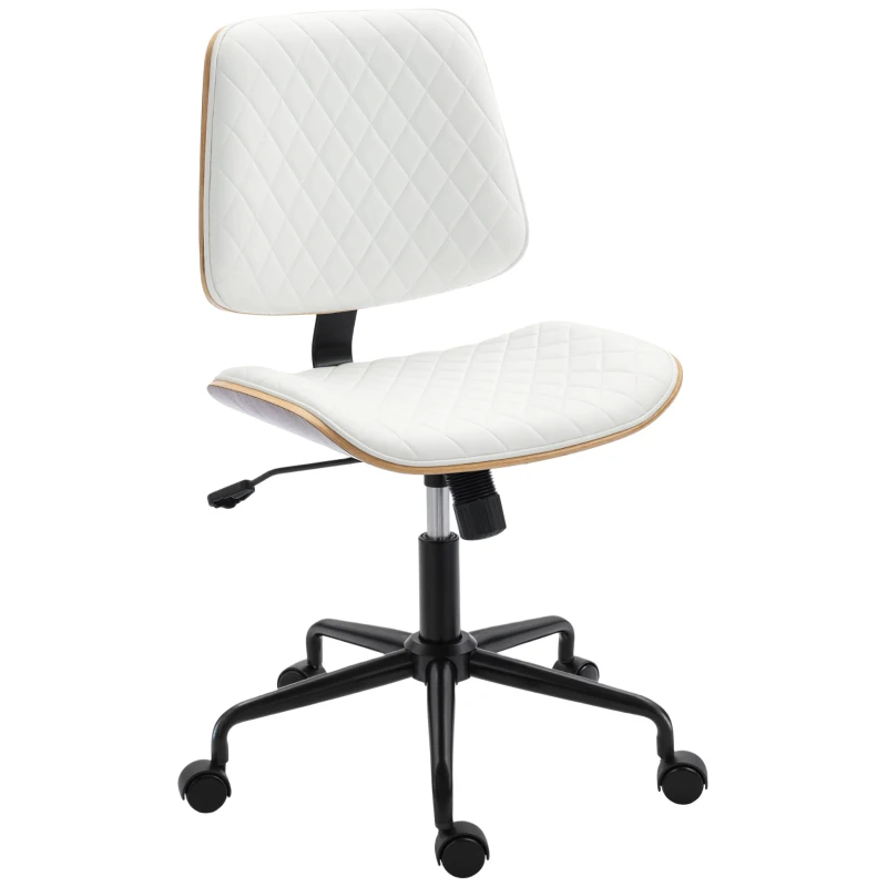 HOMCOM Cadeira de Escritório sem Braços Giratória Estofada em Couro Sintético com Encosto Curvado Assento em Forma de U Altura Ajustável Basculante 48,5x53x88-98 cm Branca