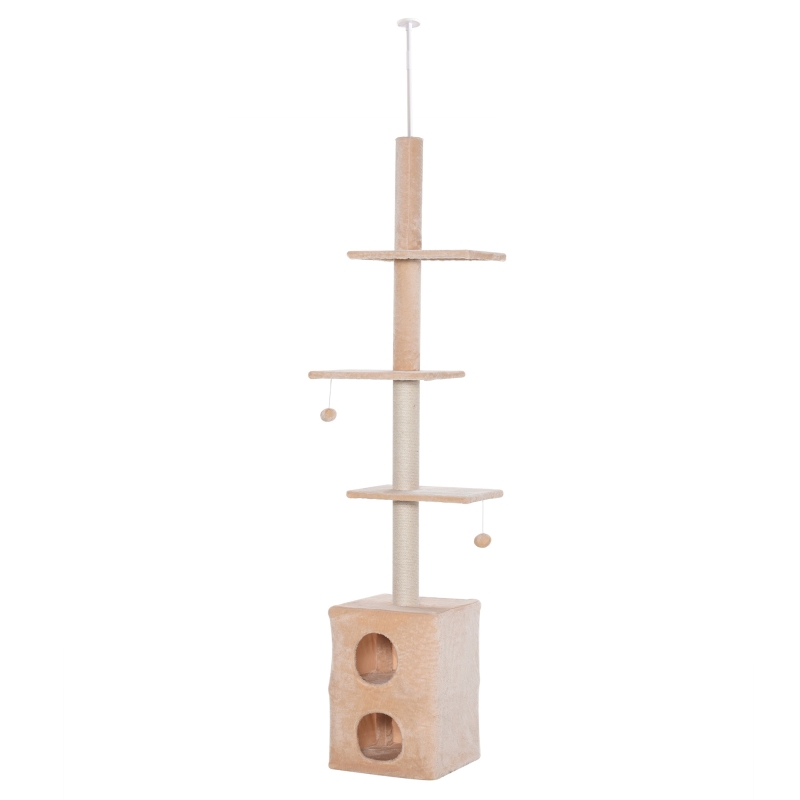 PawHut Tiragraffi a Soffitto Multilivello 220-245cm Palestra per Gatti con Cucce, Piattaforme e Corde in Juta, Giallo