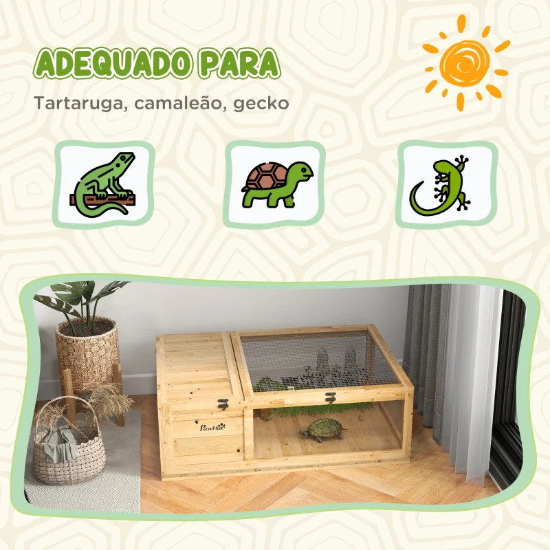 PawHut Terrario para Reptéis Casa para Tartarugas de Madeira com Painéis Laterais Transparentes e Trava 91x60,5x32 cm Madeira