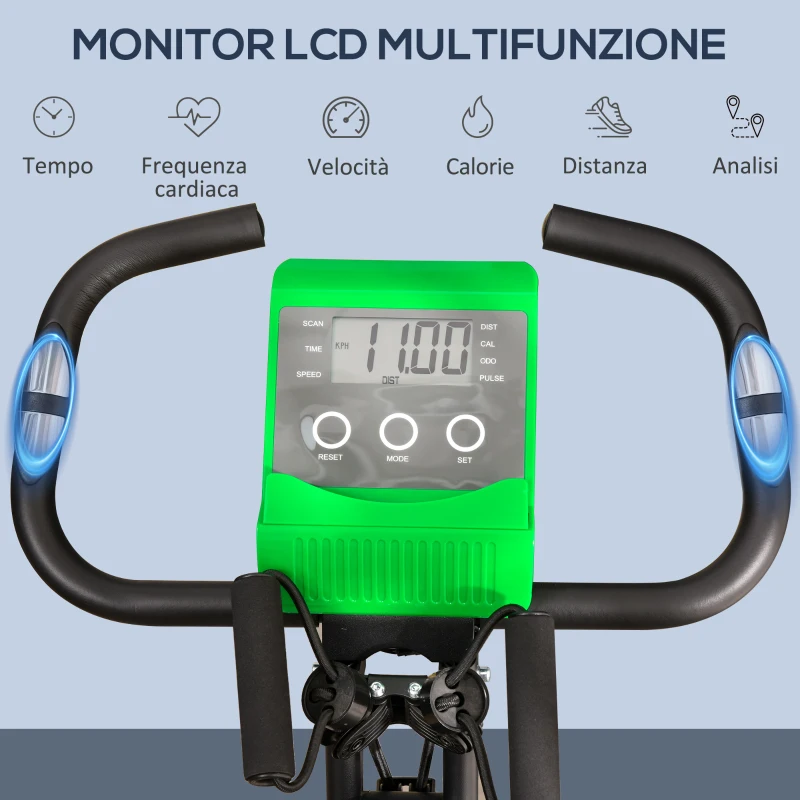 HOMCOM Cyclette Pieghevole 2 in 1, Resistenza Magnetica Regolabile 8 Livelli, Cyclette da Casa Silenziosa con Sensore Cardiaco, Sedile Regolabile, Bande Elastici, Schermo LCD, Ruote, Verde