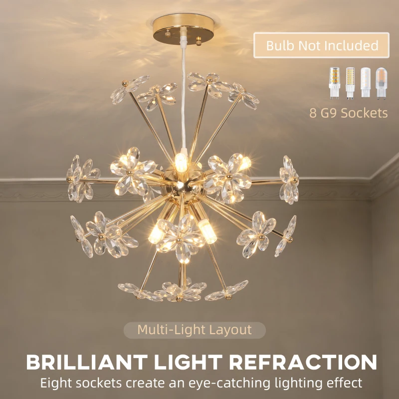 HOMCOM Crystal Chandeliers Ceiling Light with Flower, Modern Pendant Light with Adjustable Height, Ceiling Plate, Clear