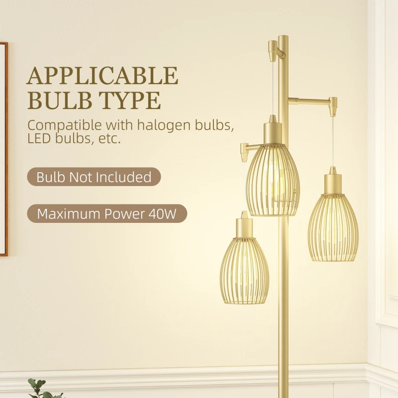 HOMCOM 3-Light Floor Lamp, 170cm Industrial Dimmable Standing Lamp with Steel Wire Cage Lampshades for Living Room, Bedroom, Dining Room, Study, Bulb Not Included, Gold Tone