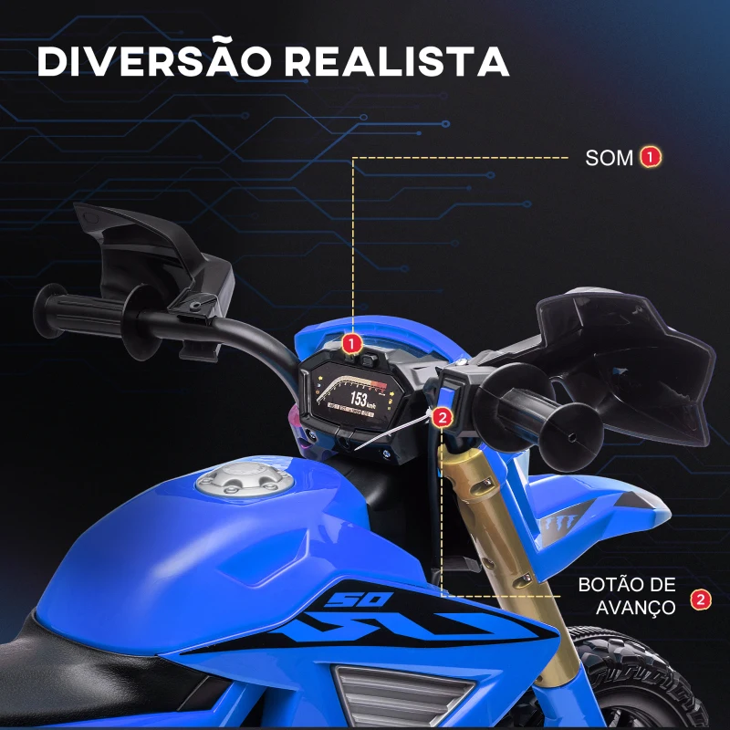 AIYAPLAY Mota Elétrica para Crianças  Moto a Bateria para Crianças 6V com Rodas de Treino e Buzina 105x57x62 cm Azul