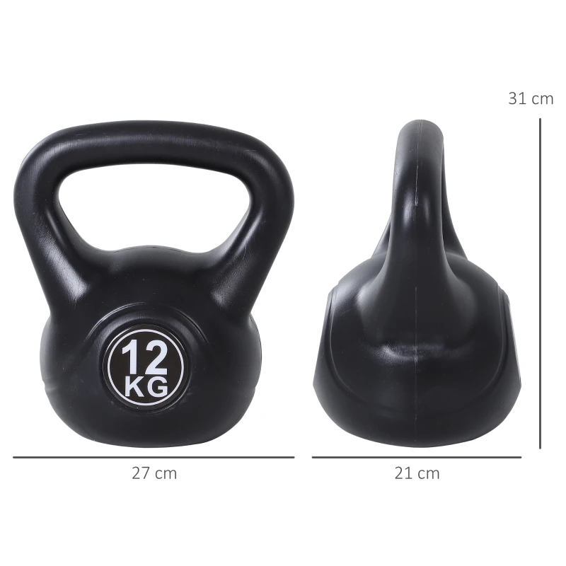HOMCOM Kettlebell 12kg per Sport e Fitness con Base Piatta e Impugnatura, Kettlebell Pesi per Allenamento Home Gym Casa e Palestra, 27x21x31 cm, Nero