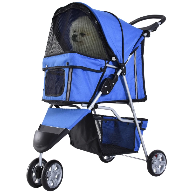 PawHut Carrito para Perros Pequeños con Cesta de Almacenaje Ventanas de Malla y 2 Ruedas Universales 75x45x97 cm Azul