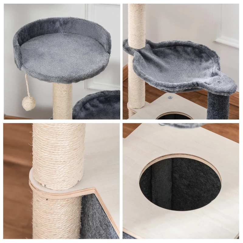 PawHut Albero Tiragraffi per Gatti Alto 95cm, Palestra per Gatti di Multilivelli con Casetta, Amaca, Pallina da Gioco, Cuccia e Corde in Sisal, 48x34x95cm, Grigio