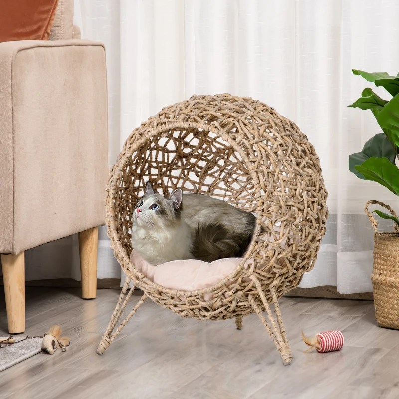 PawHut Cesta Rialzata per Gatti Fino a 10kg in Rattan PE Marrone (Φ52x58cm)