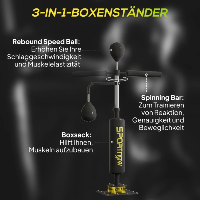 SPORTNOW Vrijstaande bokszak, twee speedballs, draaibare bokszuil, kickkussen, in hoogte verstelbaar, staal, 84 x 36 x 140-205 cm, Zwart(m-4)