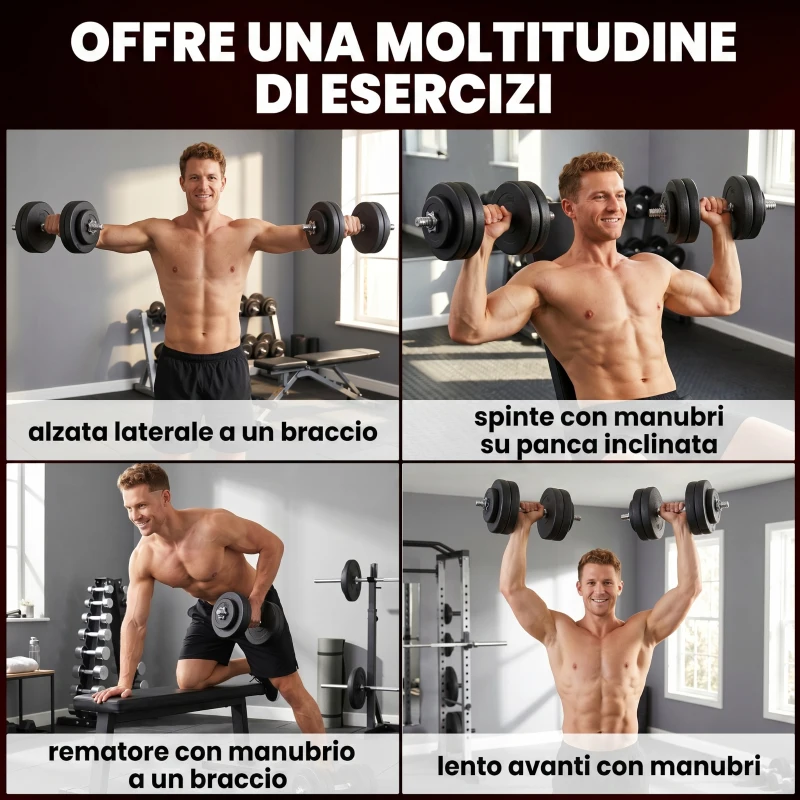 HOMCOM Set 12 Manubri Palestra da 50kg (8x5kg, 4x1.5kg), in Acciaio e Plastica PE, Nero