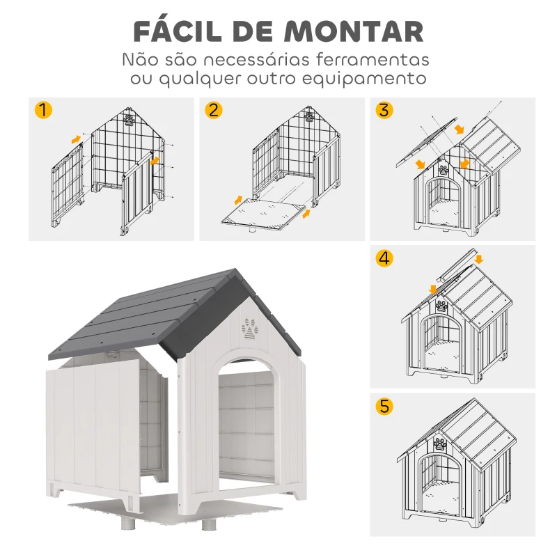 PawHut Casota para Cães de Exterior Casa para Cães Grandes de Plástico com 2 Janelas Base Elevada Estacas Cinzento