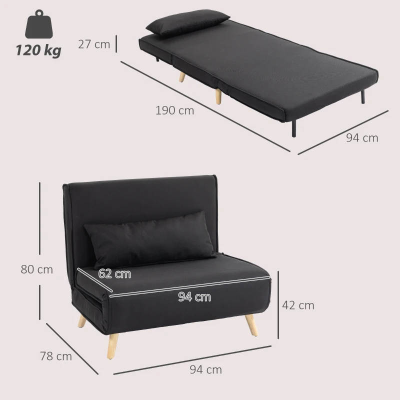 HOMCOM Poltrona Cama Dobrável com Encosto Ajustável em 6 Posições Almofada Acolchoada Suporta 120 kg 94x78x80 cm Preto