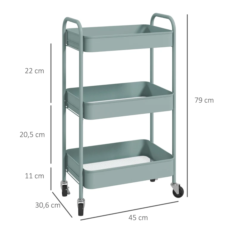 HOMCOM Multifunctionele Keukenkar, 3 Planken, 4 Wielen, 45 cm x 30,6 cm x 79 cm, Lichtblauw