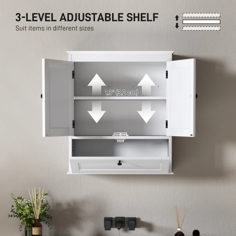 HOMCOM Bathroom Wall Cabinet with Adjustable Shelf and Recessed Doors, White