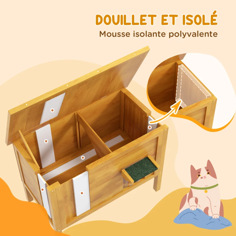 PawHut Maison pour chats niche d'extérieur en bois surrélevée avec toit ouvrable isolée  85 x 50 x 68,5 cm naturel vert