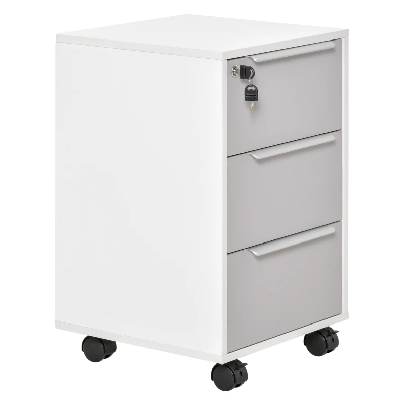 HOMCOM Mueble Archivador con Ruedas 3 Cajones Cerradura y 2 Llaves para Estudio Salón 40x40x63,5 cm Blanco y Gris