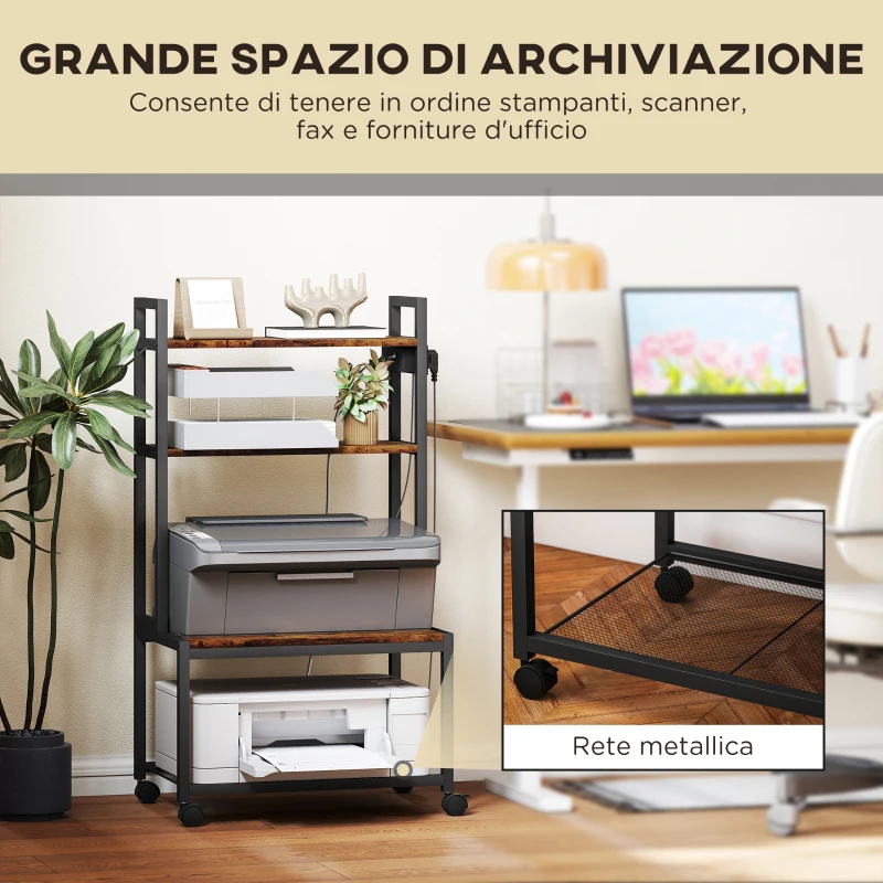 HOMCOM Carrello Porta Stampante a 4 Livelli con Prese di Corrente, Ruote e Telaio in Metallo, 55x37.5x100 cm, Marrone